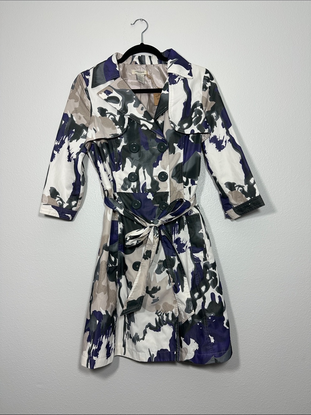 Vertigo Paris Abstract Print Trench Dress - Purple, Gray & Cream